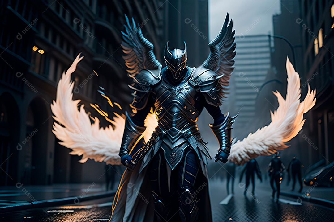 Anjo com armadura na cidade em chamas.