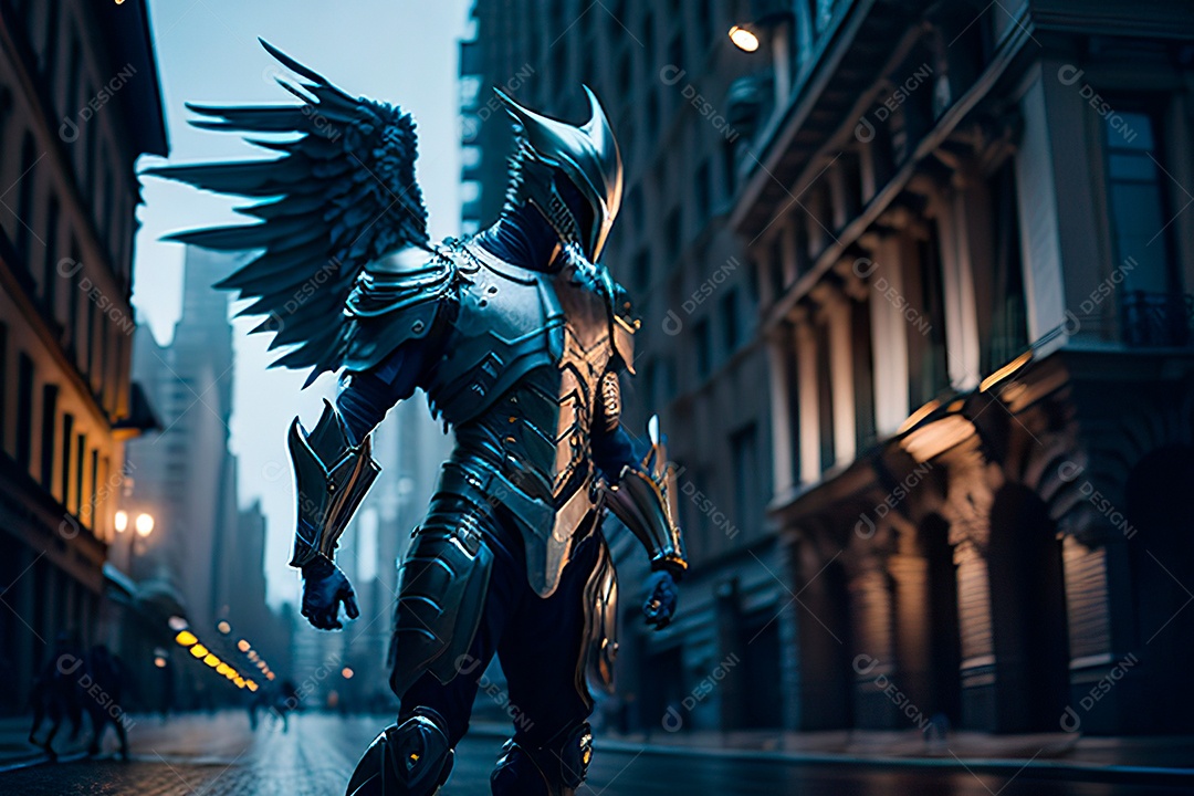 Anjo com armadura na cidade em chamas.