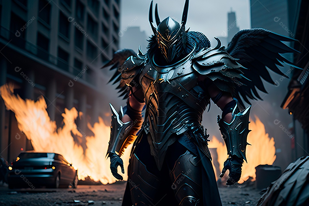 Anjo com armadura na cidade em chamas.
