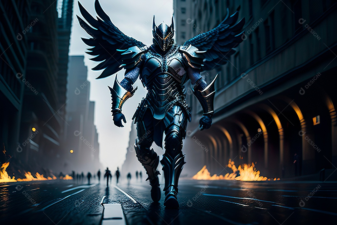 Anjo com armadura na cidade em chamas.