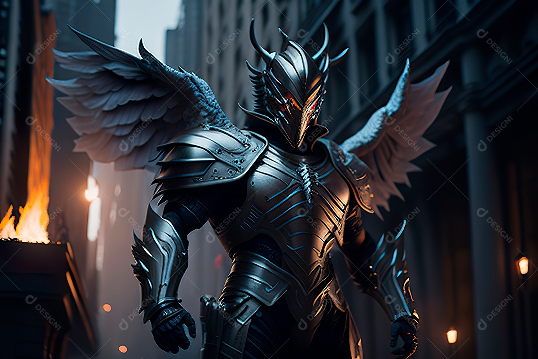 Anjo com armadura na cidade em chamas.