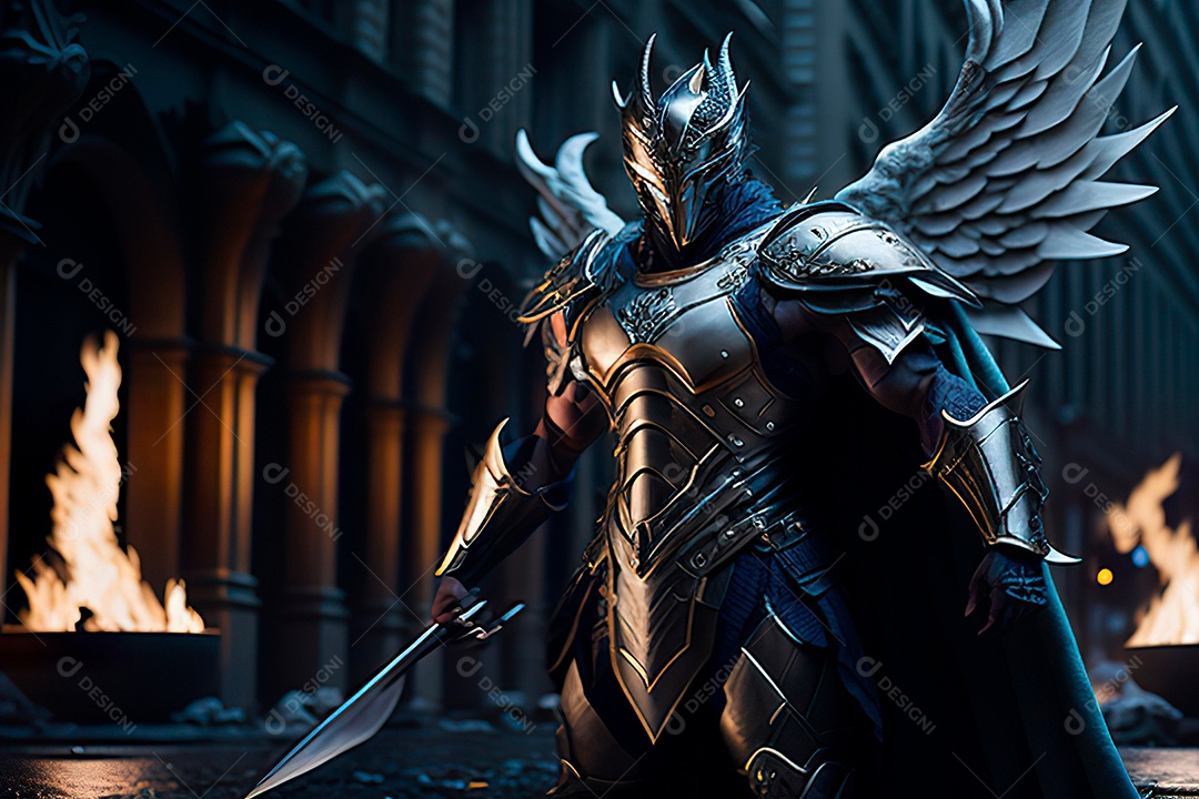 Anjo com armadura na cidade em chamas.