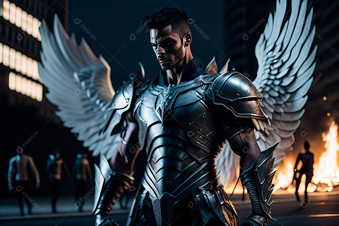 Anjo com armadura na cidade em chamas.