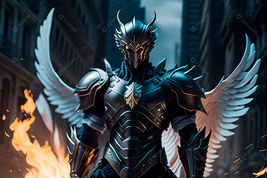 Anjo com armadura na cidade em chamas.