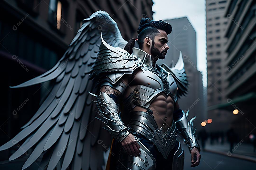 Anjo com armadura na cidade em chamas.