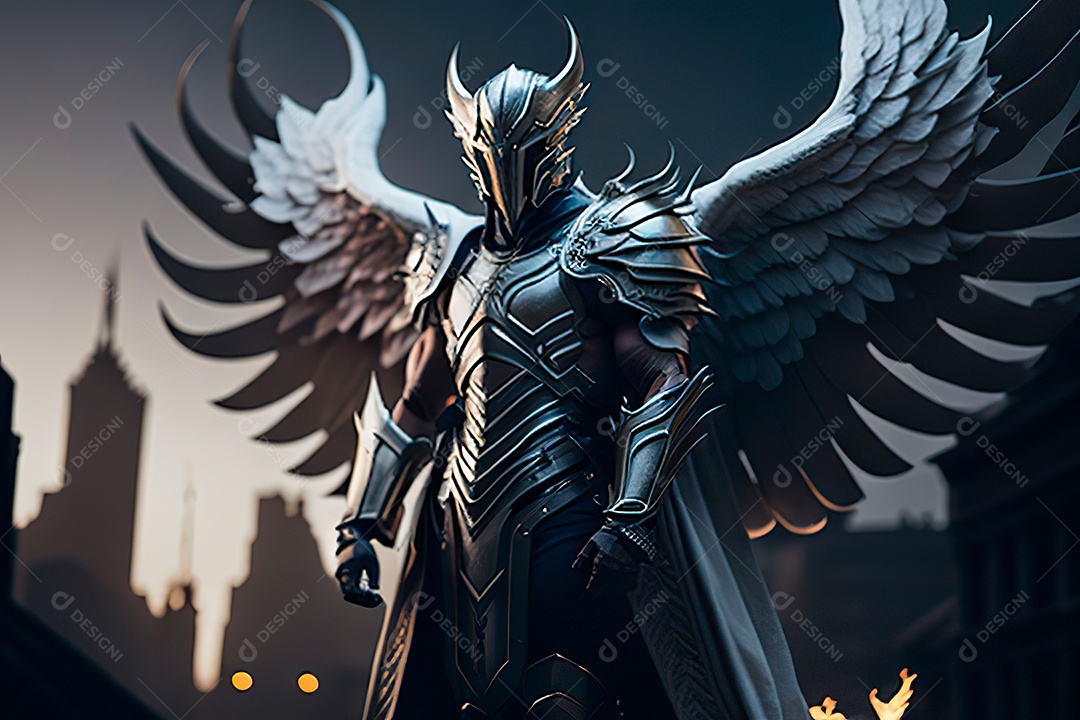 Anjo com armadura na cidade em chamas.