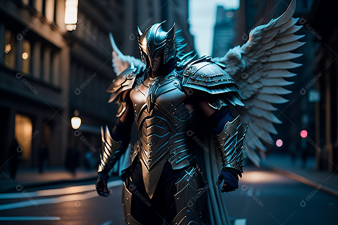 Anjo com armadura na cidade em chamas.