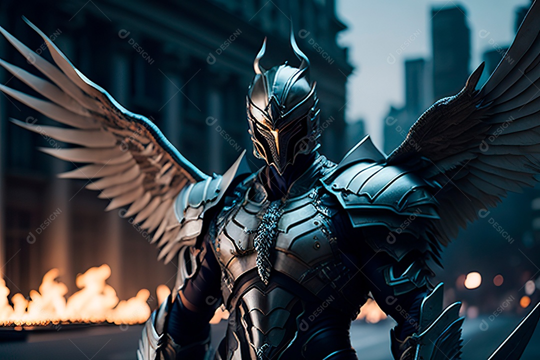 Anjo com armadura na cidade em chamas.