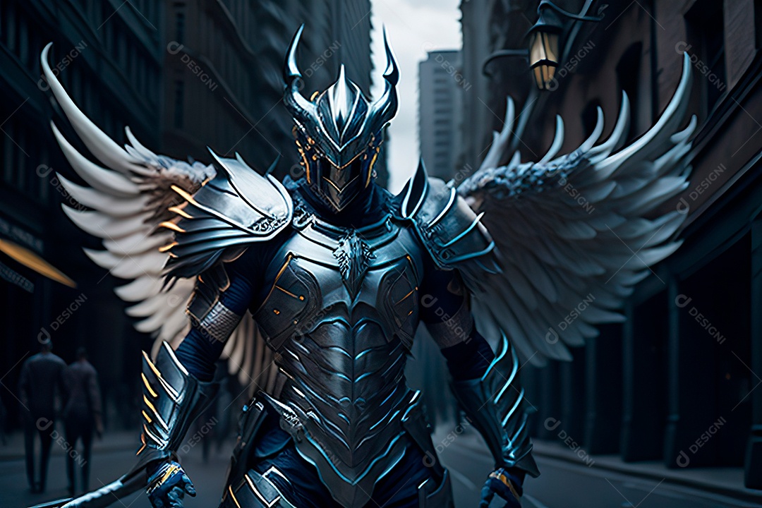 Anjo com armadura na cidade em chamas.