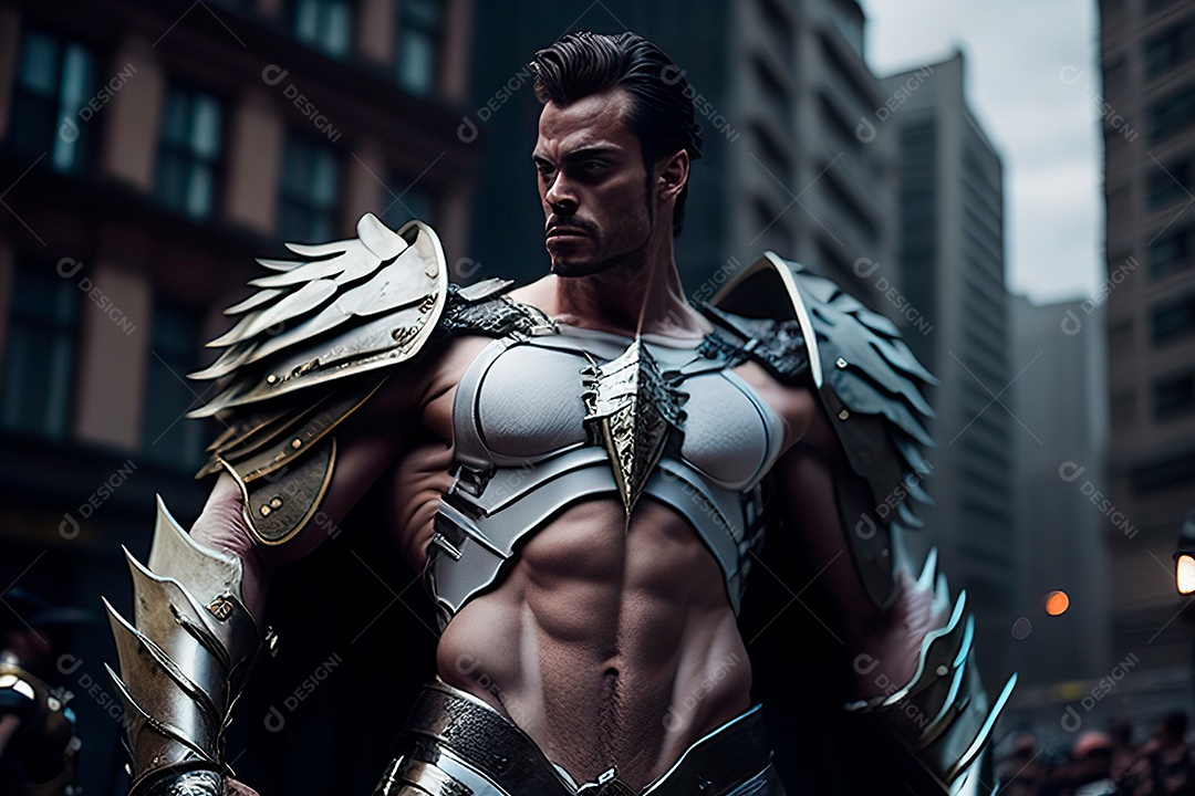 Anjo com armadura na cidade em chamas.