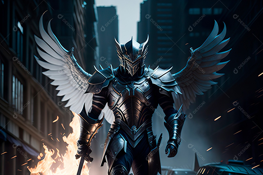 Anjo com armadura na cidade em chamas.