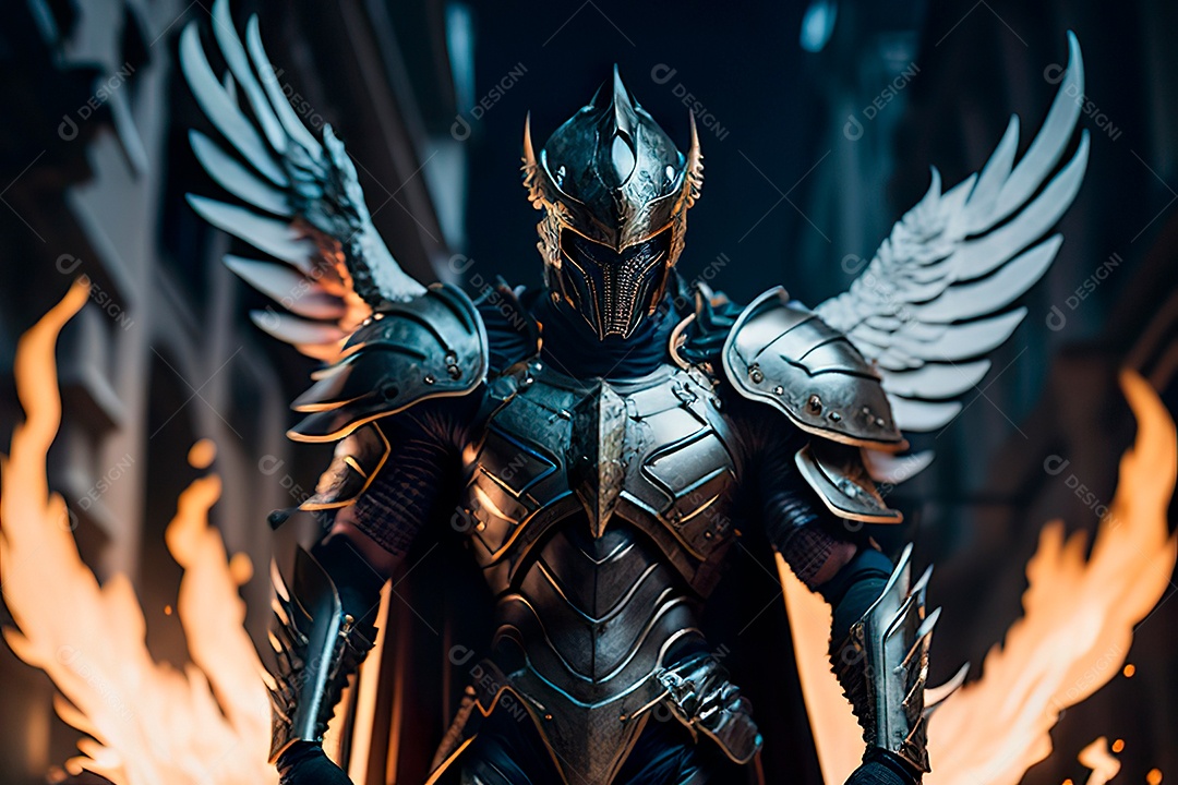 Anjo com armadura na cidade em chamas.