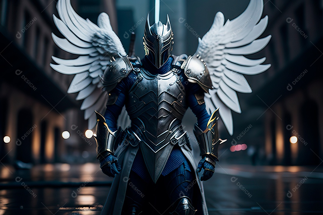 Anjo com armadura na cidade em chamas.