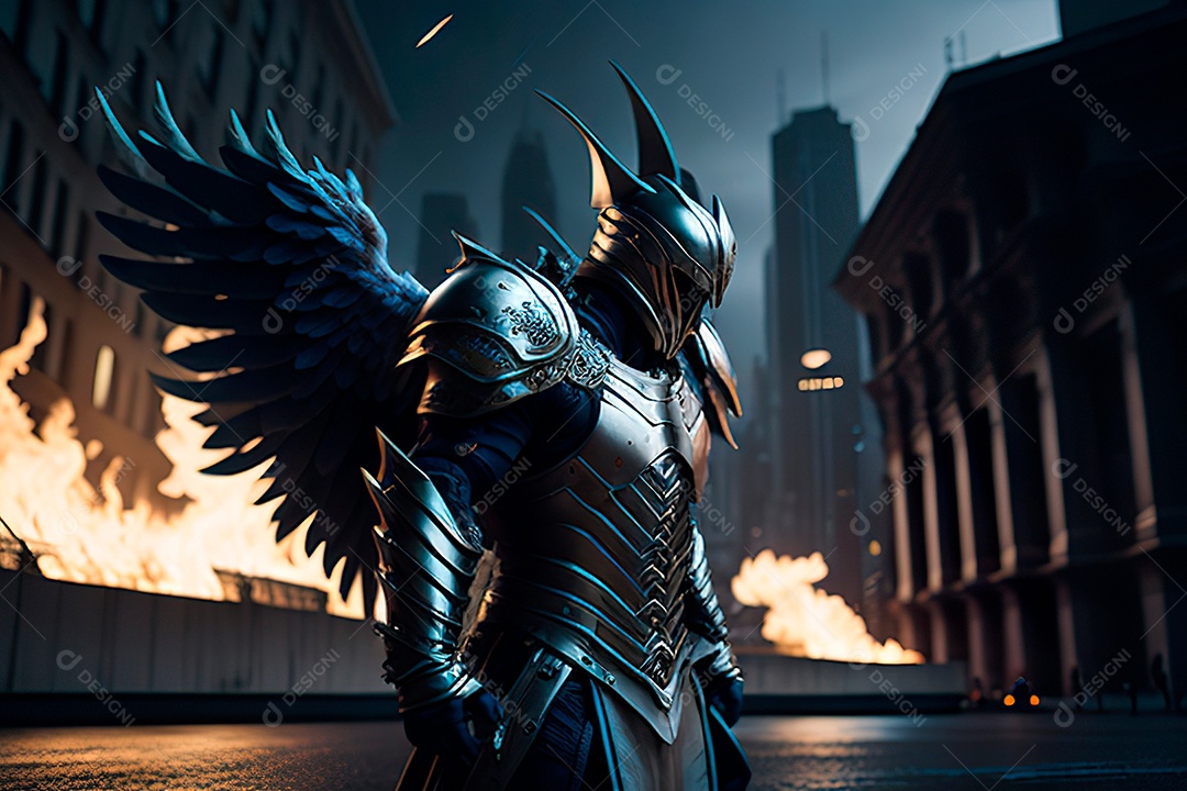 Anjo com armadura na cidade em chamas.