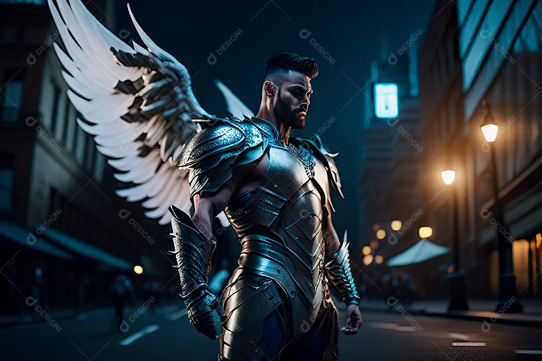 Anjo com armadura na cidade em chamas.