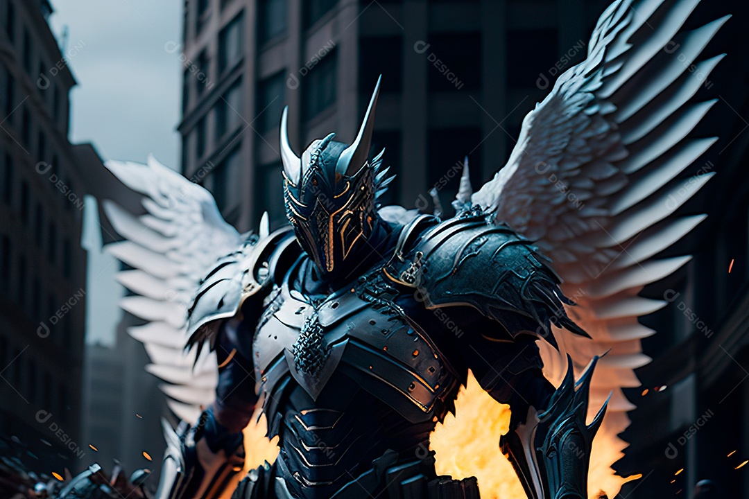 Anjo com armadura na cidade em chamas.