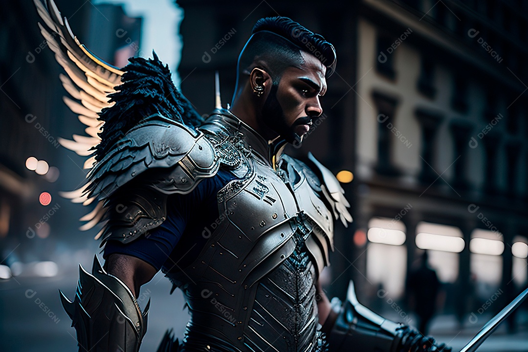 Anjo com armadura na cidade em chamas.