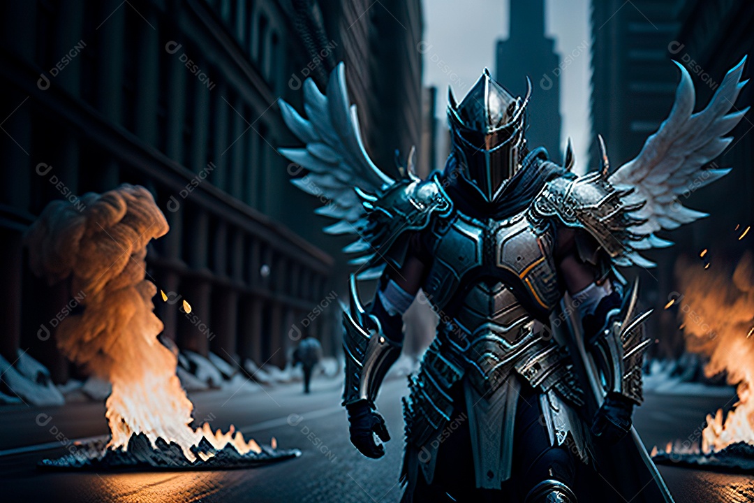 Anjo com armadura na cidade em chamas.