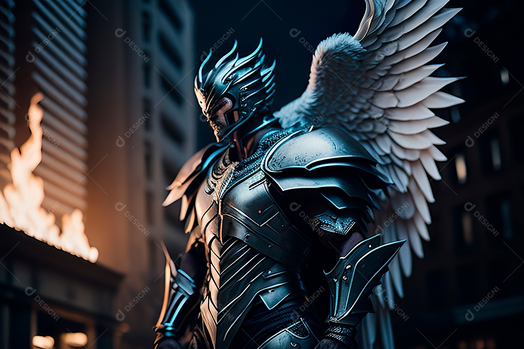 Anjo com armadura na cidade em chamas.