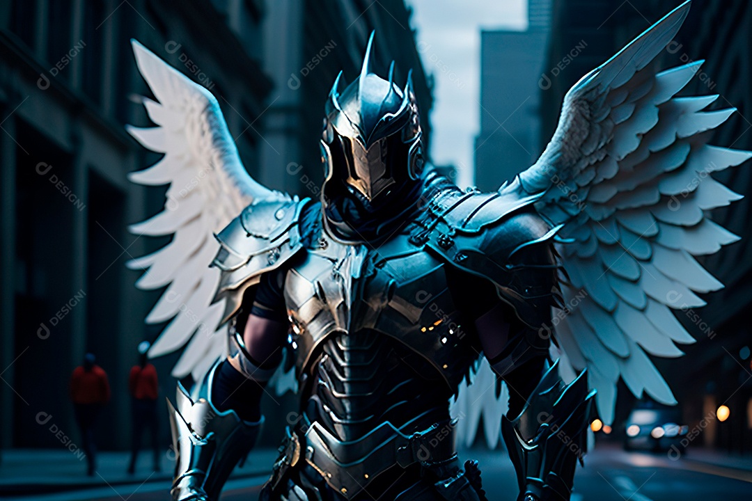 Anjo com armadura na cidade em chamas.