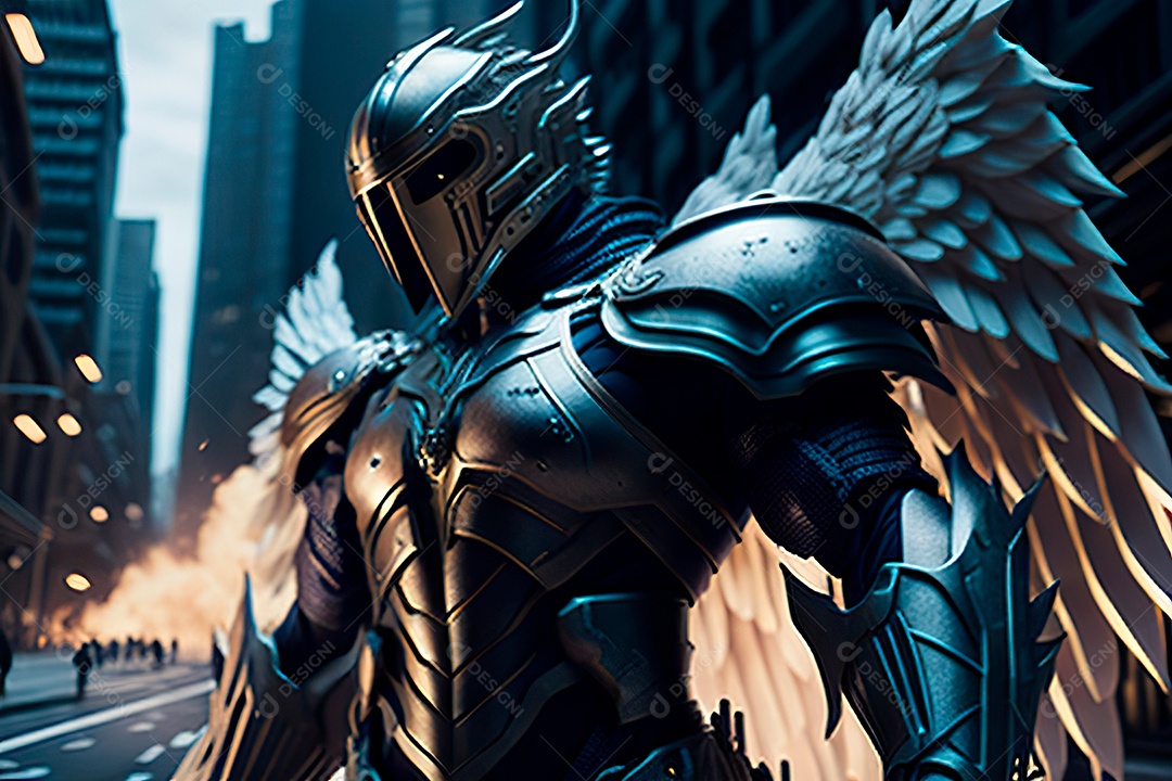 Anjo com armadura na cidade em chamas.