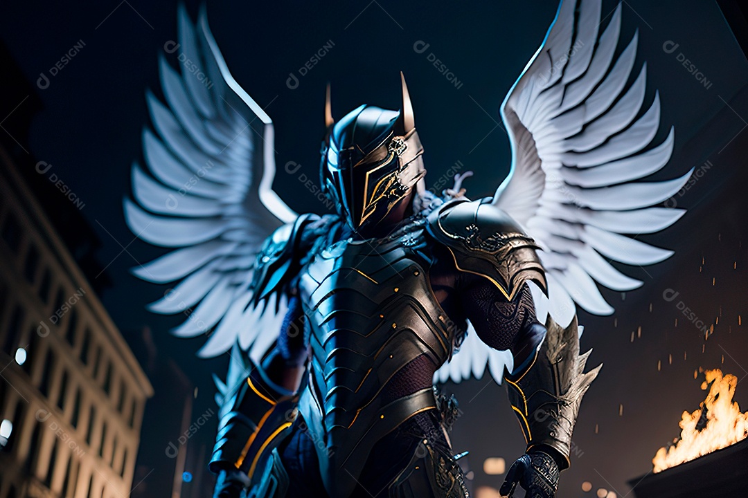 Anjo com armadura na cidade em chamas.