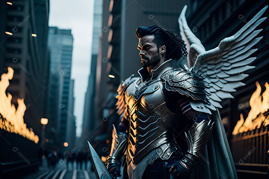 Anjo com armadura na cidade em chamas.