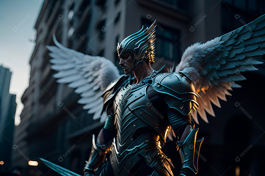 Anjo com armadura na cidade em chamas.