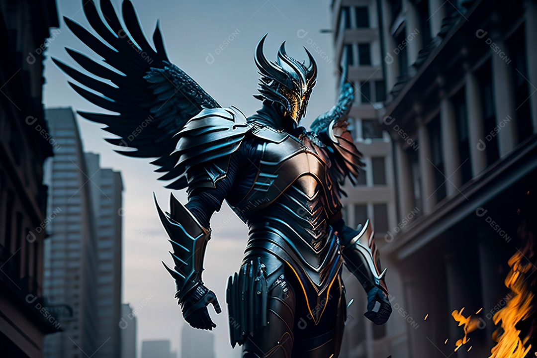 Anjo com armadura na cidade em chamas.