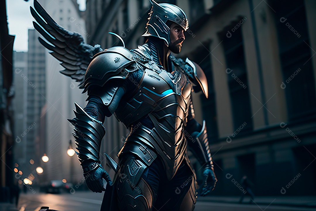 Anjo com armadura na cidade em chamas.