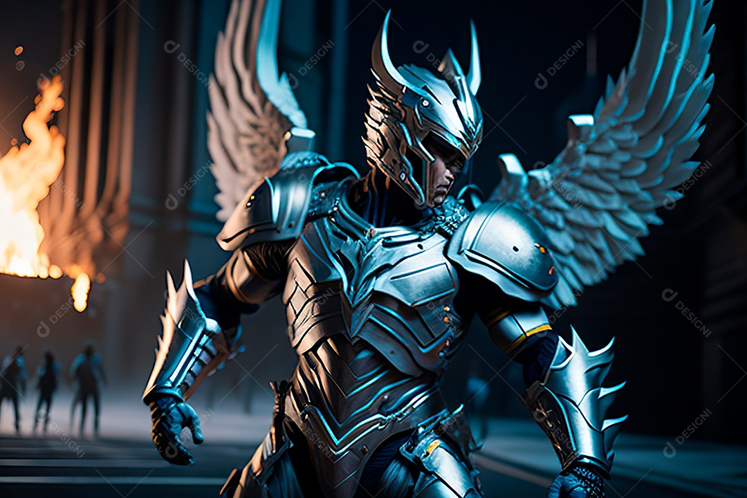 Anjo com armadura na cidade em chamas.