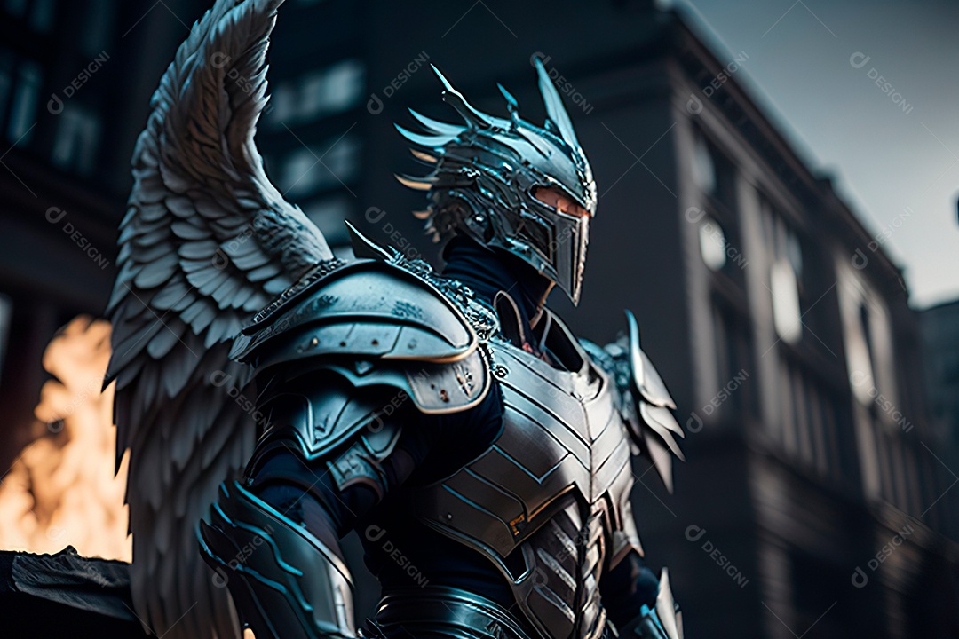 Anjo com armadura na cidade em chamas.