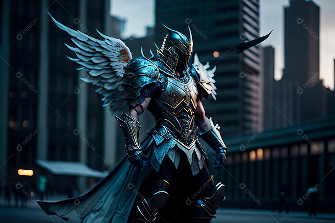 Anjo com armadura na cidade em chamas.