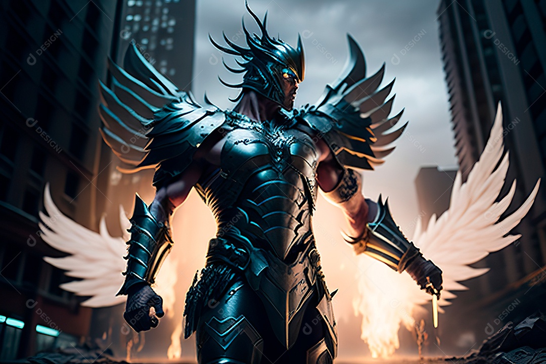 Anjo com armadura na cidade em chamas.