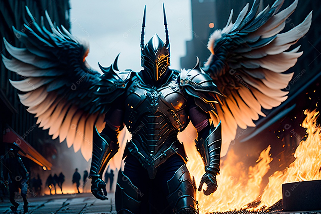 Anjo com armadura na cidade em chamas.