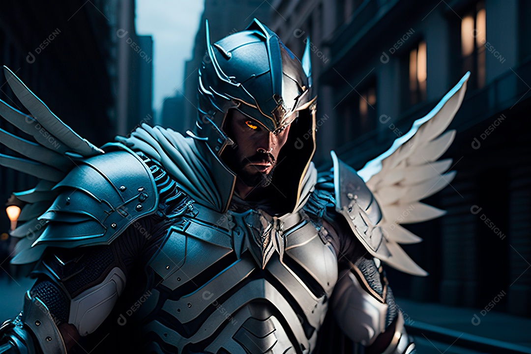 Anjo com armadura na cidade em chamas.