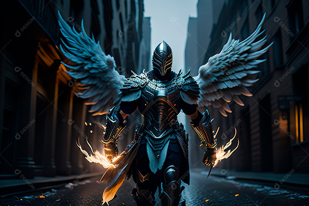 Anjo com armadura na cidade em chamas.