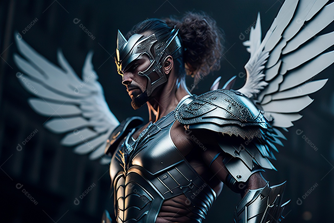 Anjo com armadura na cidade em chamas.