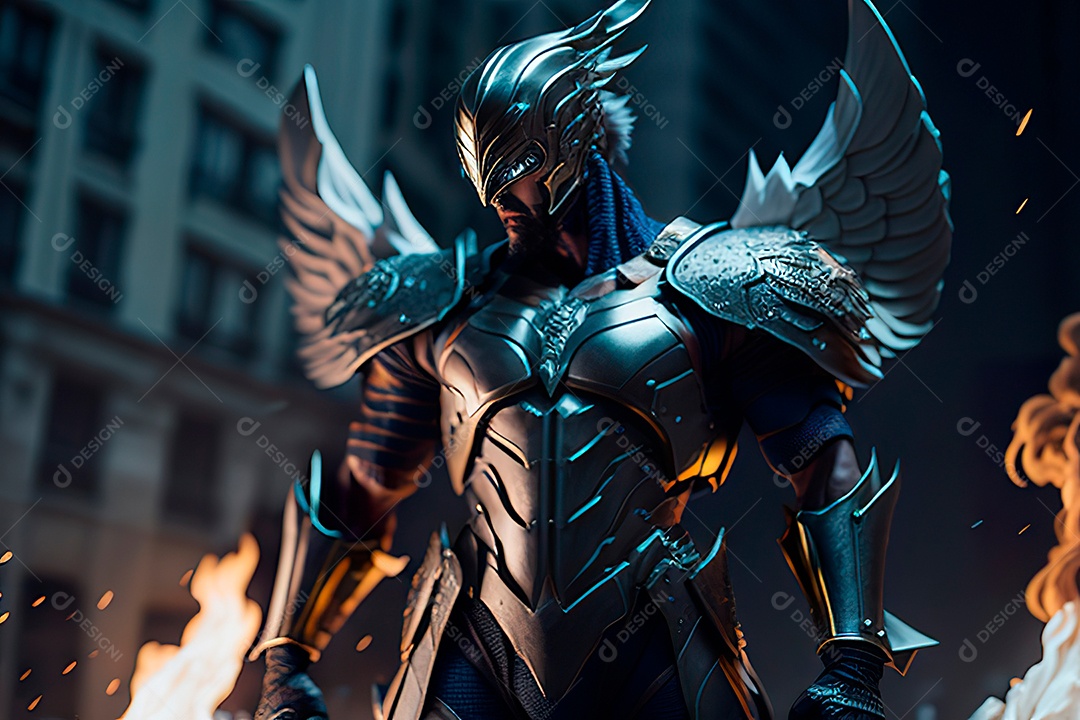 Anjo com armadura na cidade em chamas.