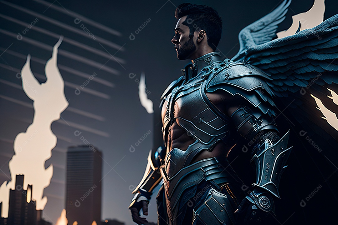 Anjo com armadura na cidade em chamas.