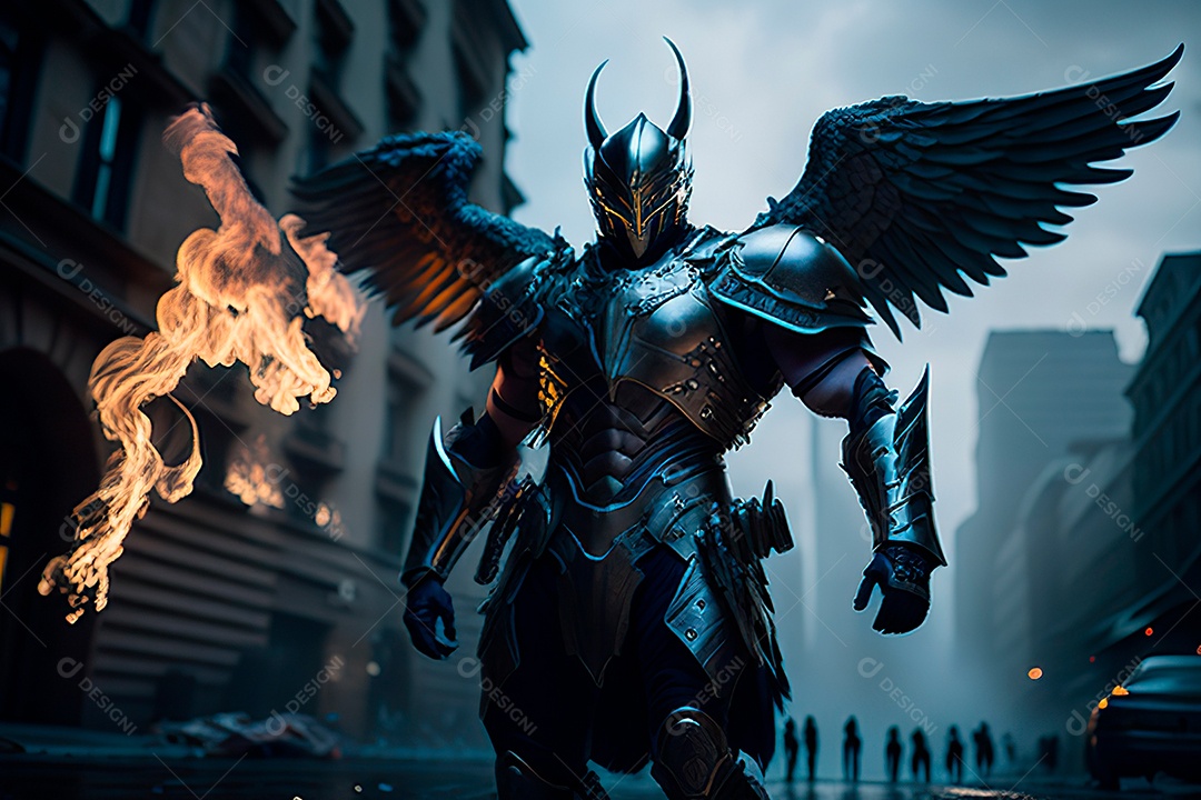 Anjo com armadura na cidade em chamas.