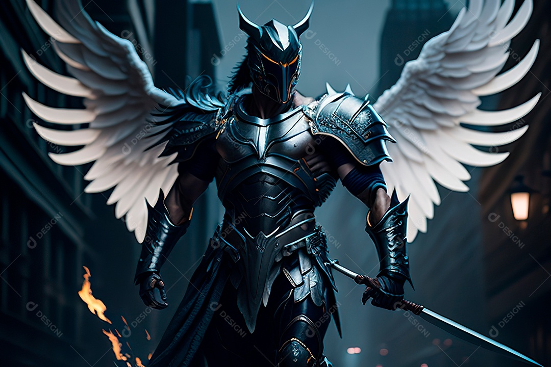 Anjo com armadura na cidade em chamas.
