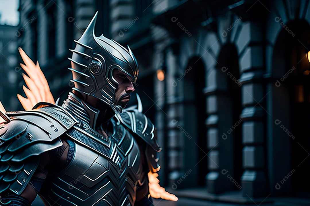 Anjo com armadura na cidade em chamas.