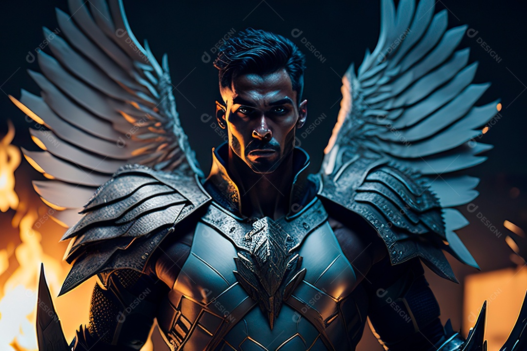 Anjo com armadura na cidade em chamas.