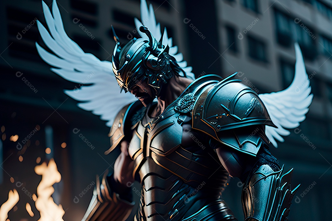 Anjo com armadura na cidade em chamas.