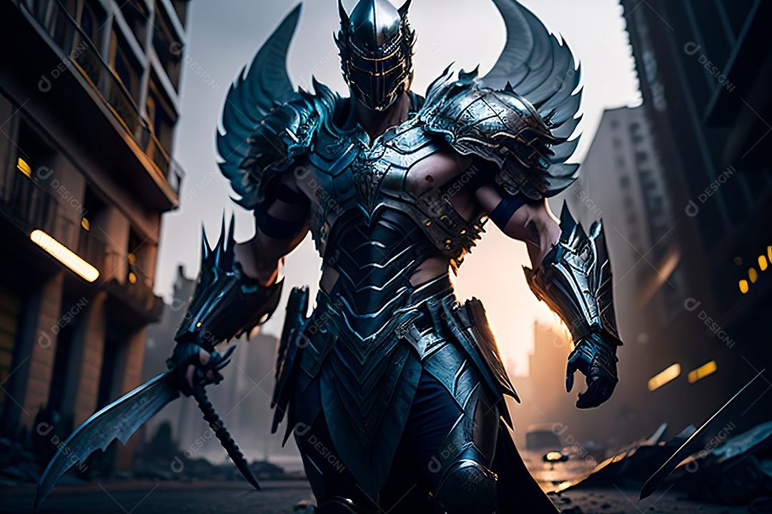 Anjo com armadura na cidade em chamas.