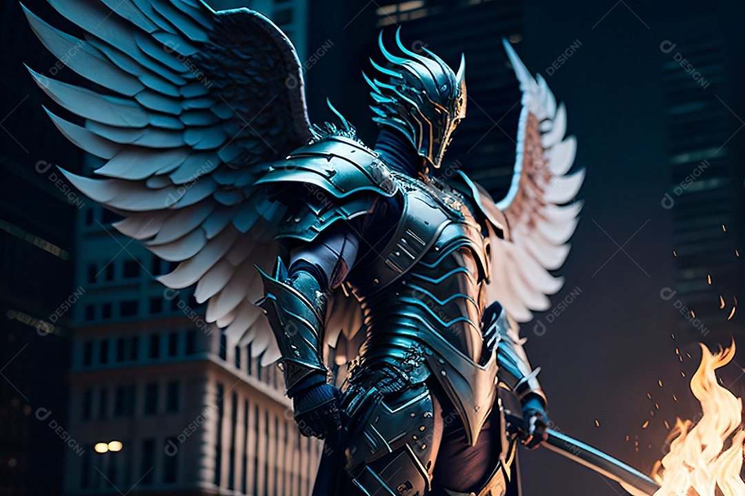 Anjo com armadura na cidade em chamas.