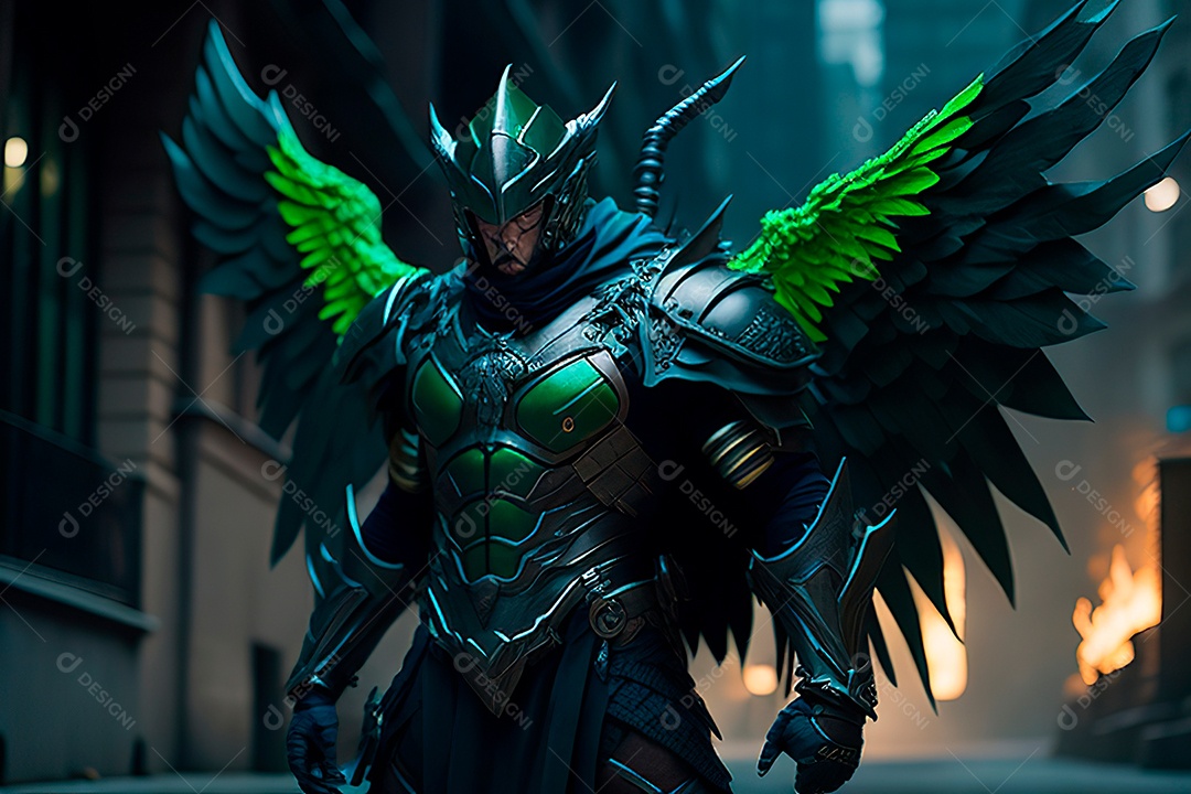 Anjo com armadura na cidade em chamas.