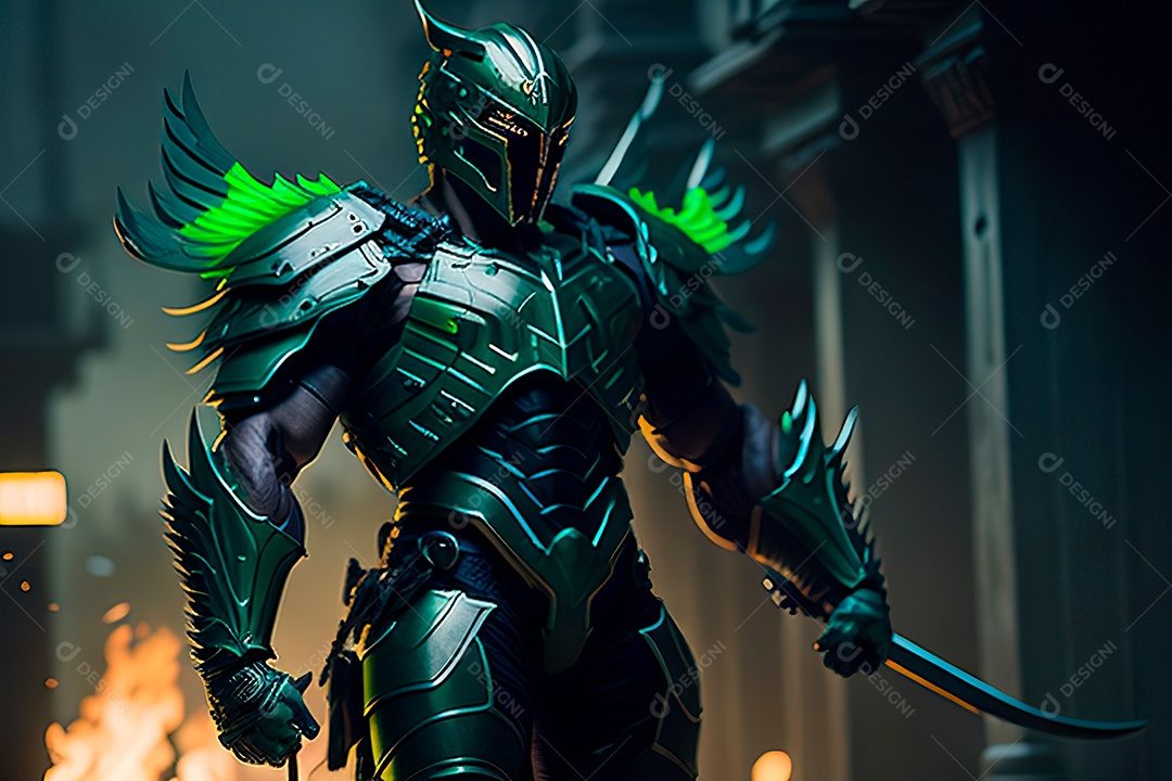 Anjo com armadura na cidade em chamas.