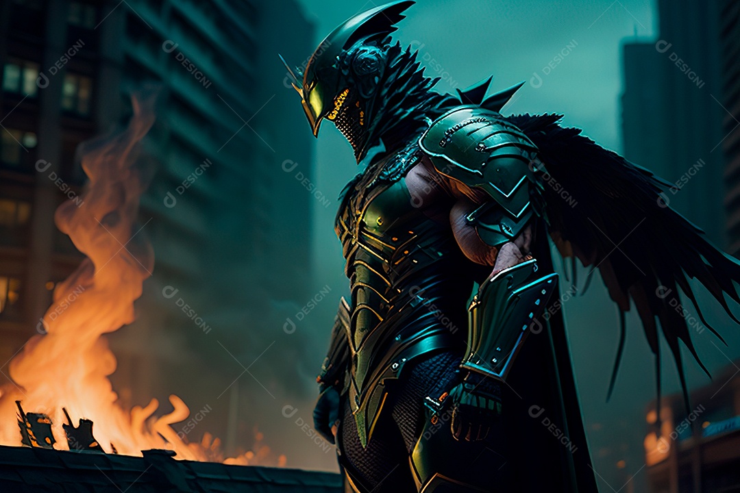 Anjo com armadura na cidade em chamas.
